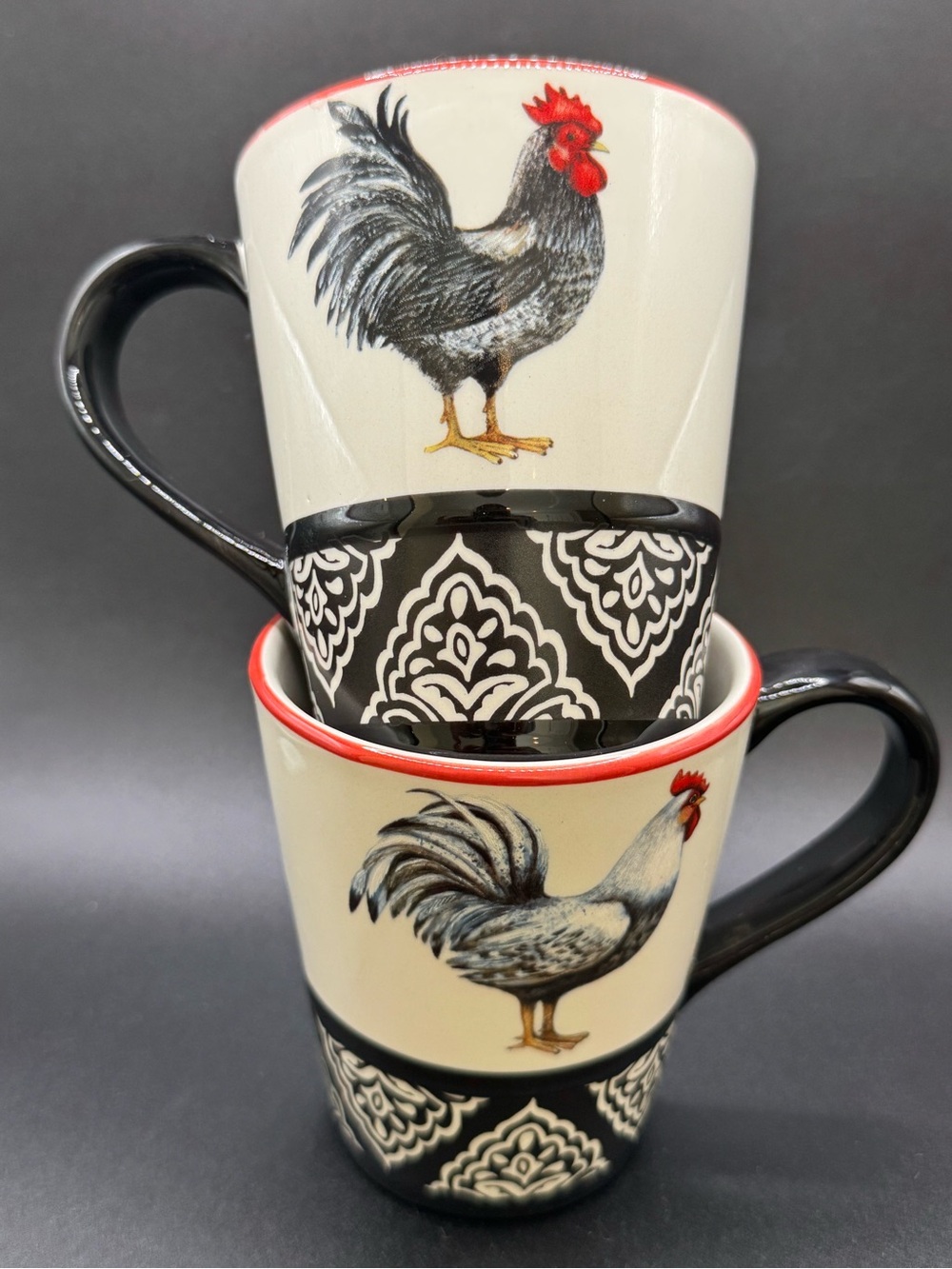 Cracker Barrel Rooster Susan Winget Coffee Mugs Set of 2 Black White Red Ceramic